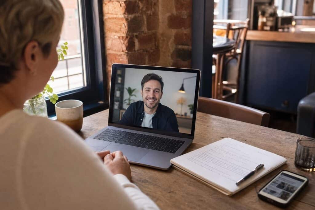 Business owner on a video call with a freelance web designer, with a list of questions and a smartphone on the table